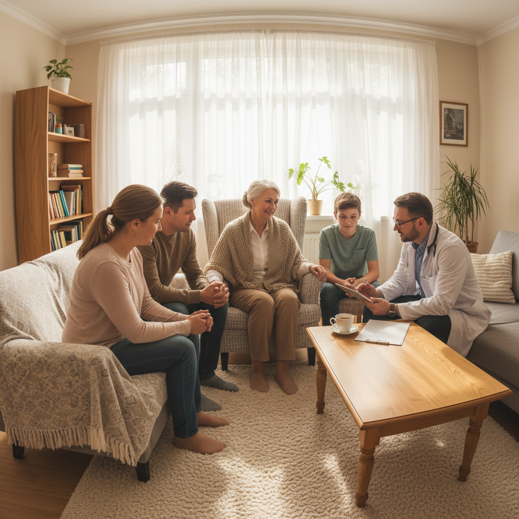 Compassionate physician speaking with elderly patient and family member about memory concerns in warm office