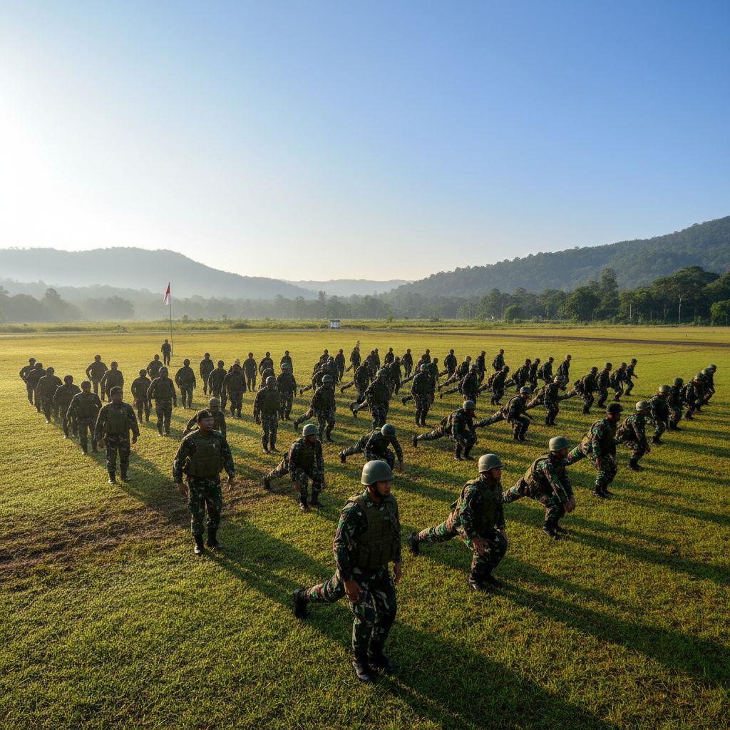 Airsoft players in camouflage advancing through green field terrain, overcast sky, muted natural tones