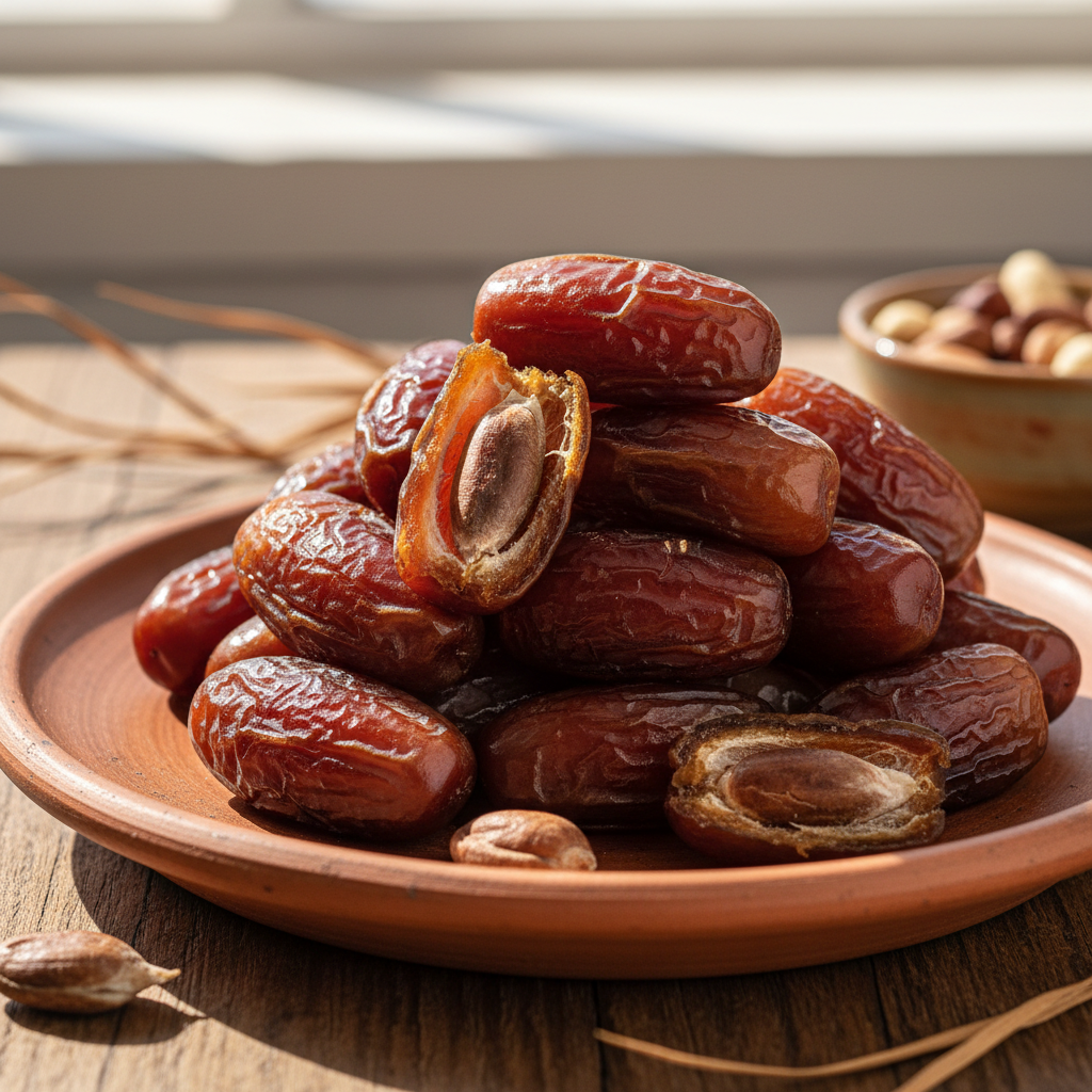Medjool dates on terracotta ceramic plate