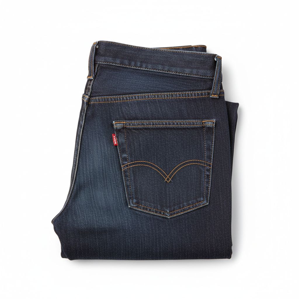 Levi's men's slim fit dark indigo jeans folded on white surface