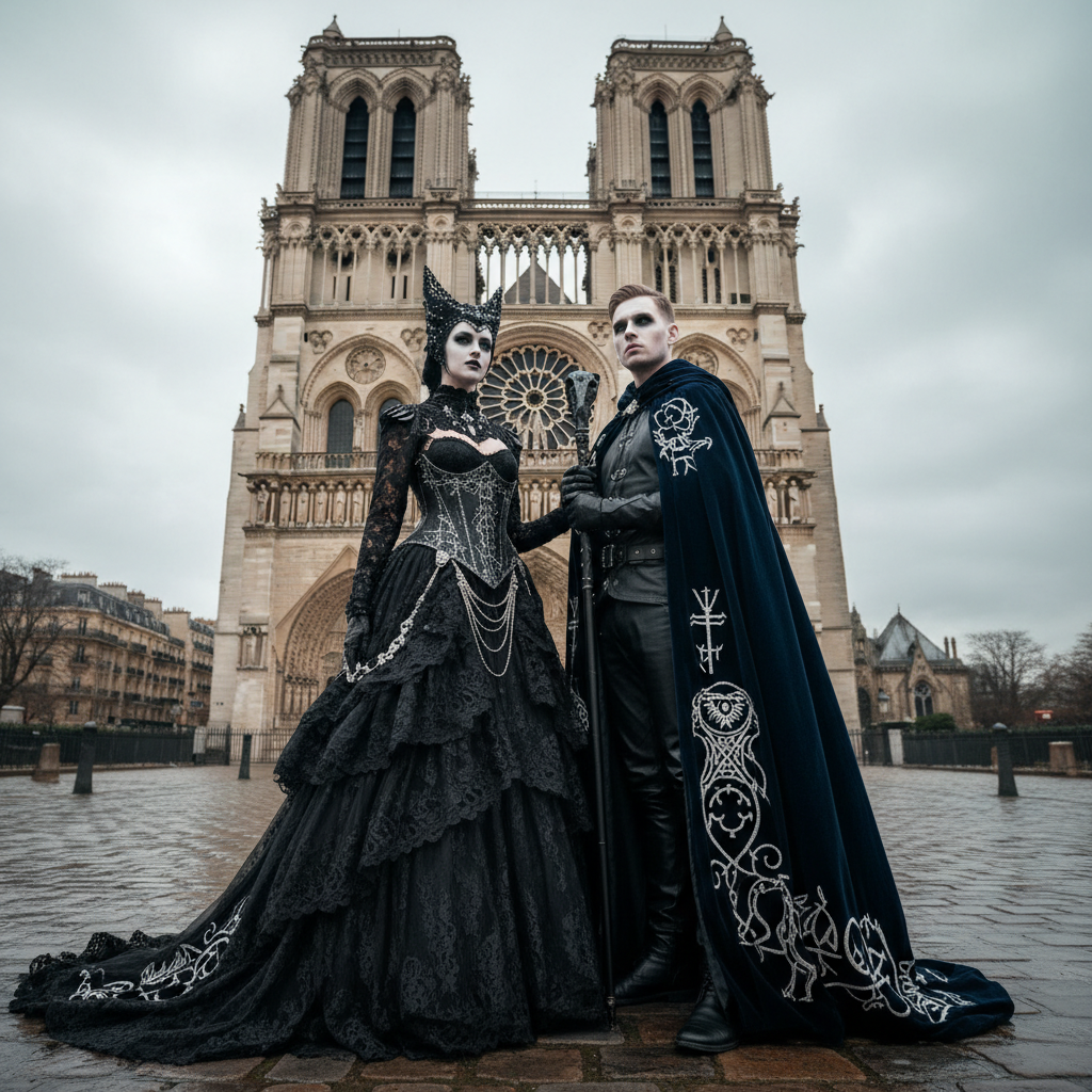 Guest couple in gothic costumes outside Notre Dame