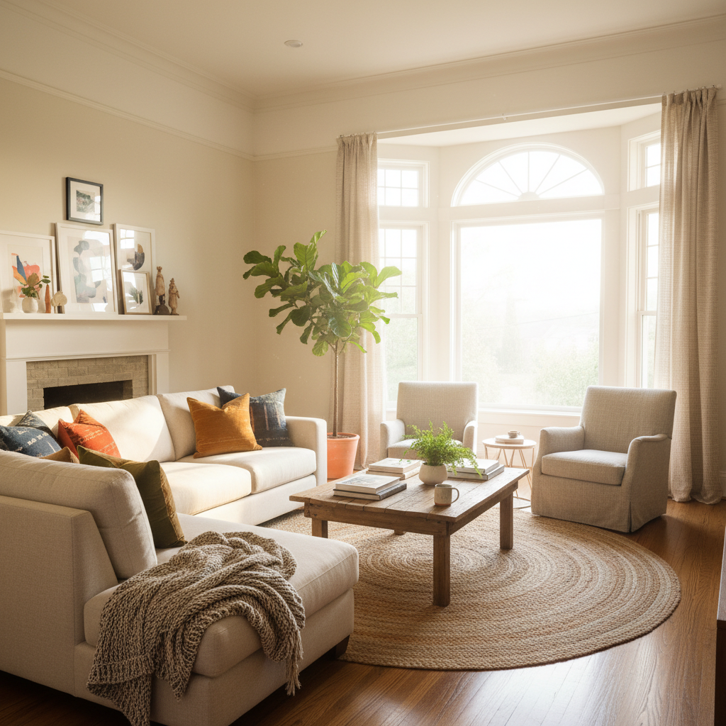 Bright living room with bay window and neutral decor