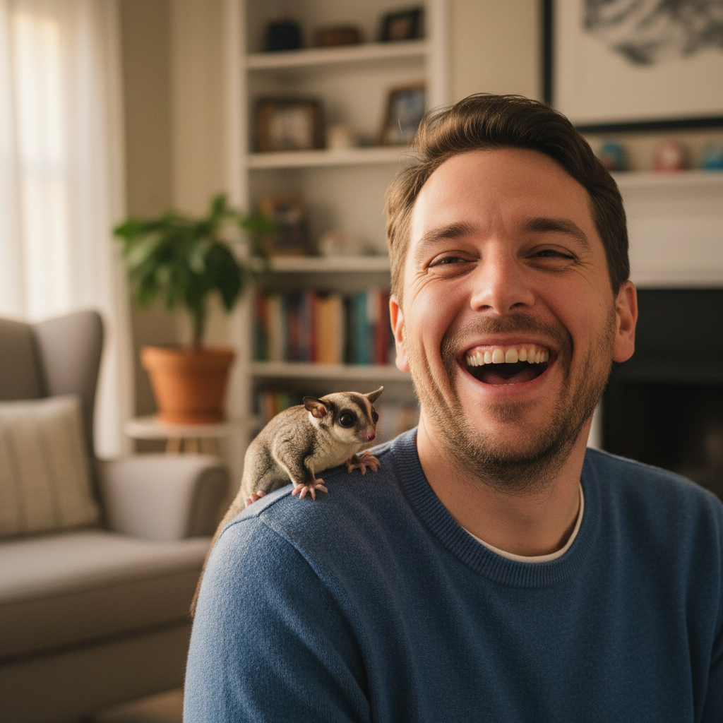 Devon Park laughing with sugar glider on his shoulder at home