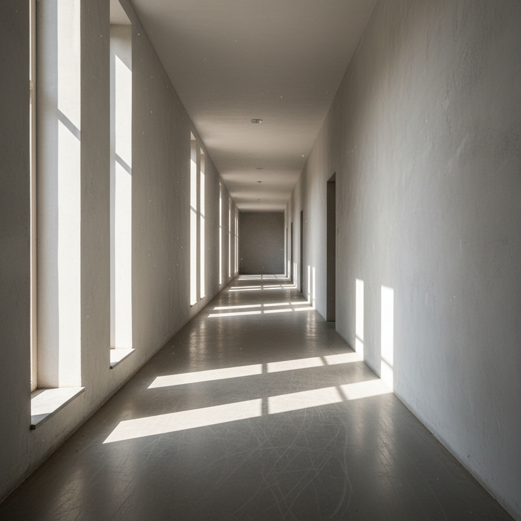 Empty hallway with natural light streaming through narrow windows