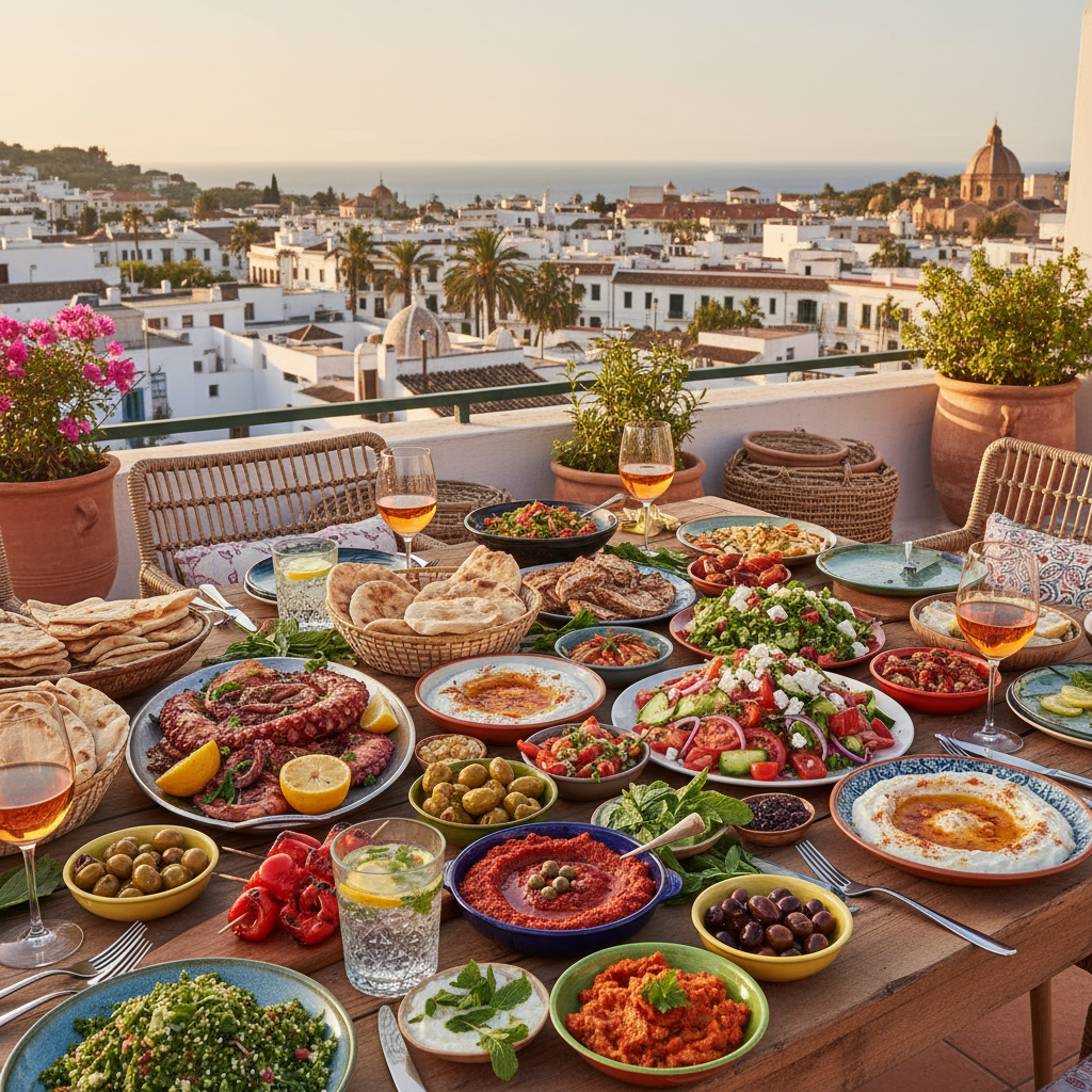 Mediterranean dishes on rooftop terrace with golden hour city view backdrop
