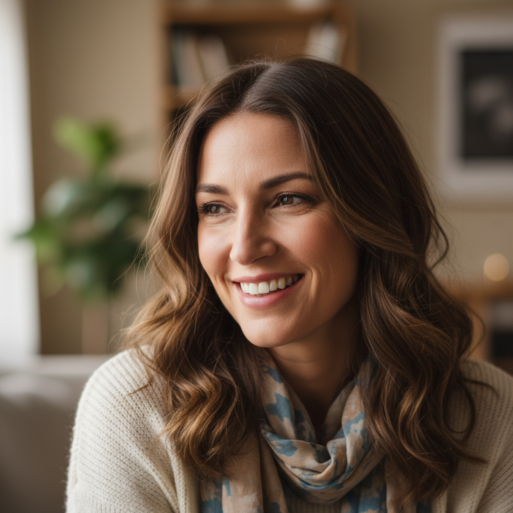 Maeve Thornton, mother smiling warmly with brown hair and casual clothes