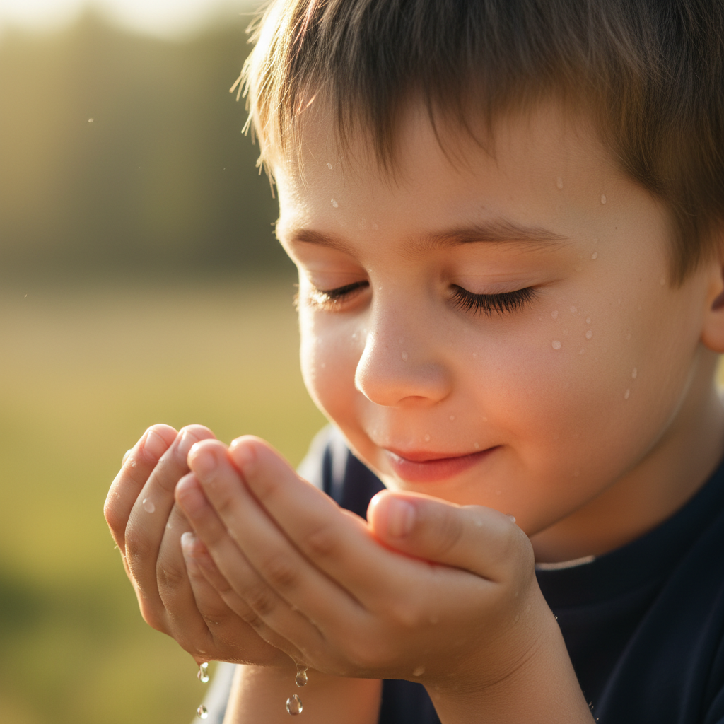 Close-up portrait of a young boy cupping clean water in his hands and drinking with his eyes closed, sunlight catching the water droplets
