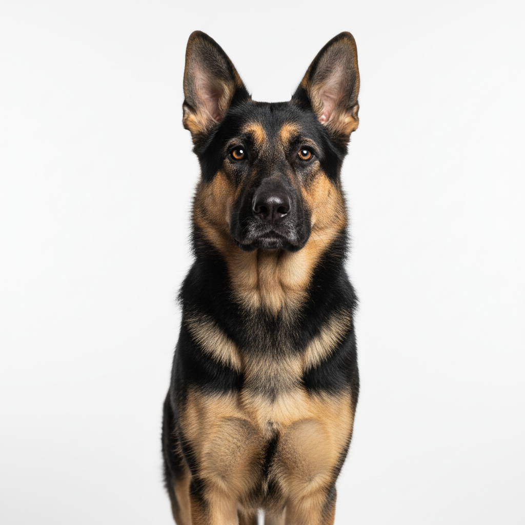 Freshly groomed German Shepherd standing proud against white backdrop
