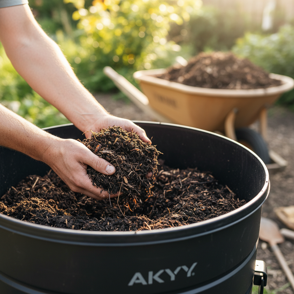 Farmer turning dark rich compost pile with a pitchfork in a sunlit farm composting area