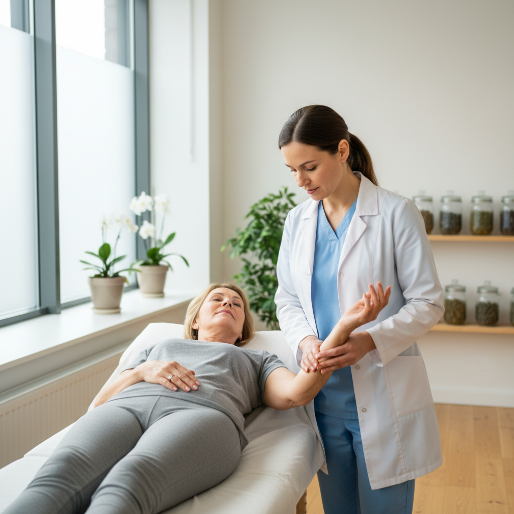 Healthcare worker in white coat examining patient in dim clinic, warm overhead light, dark medical equipment in background