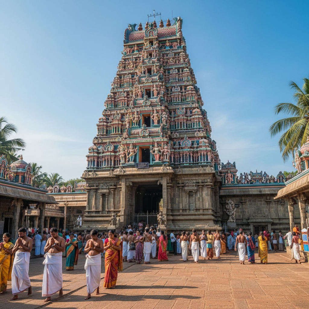 Nallur Kandaswamy Temple Jaffna Sri Lanka, ornate Hindu temple with golden gopuram tower, vibrant festival flags