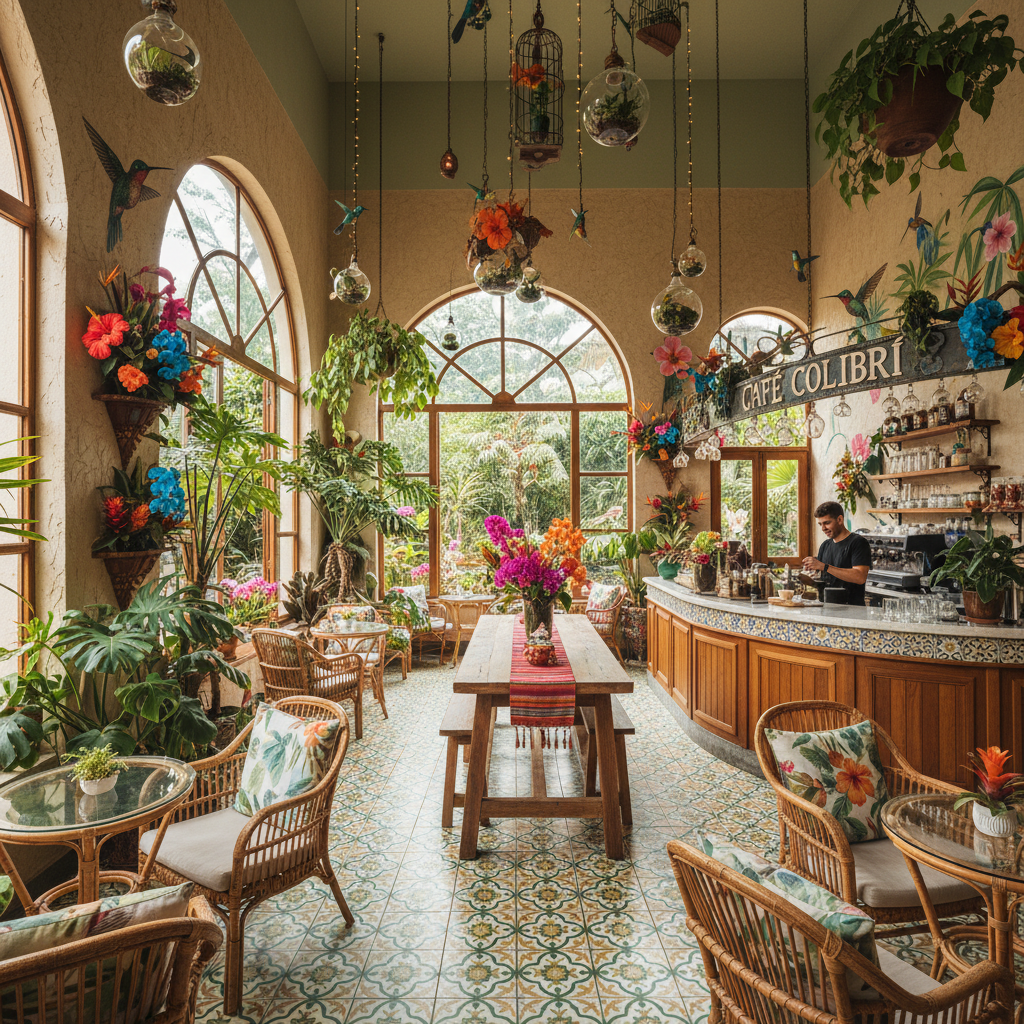 Morning café with Portuguese tiles, artisan coffee, and tropical plants