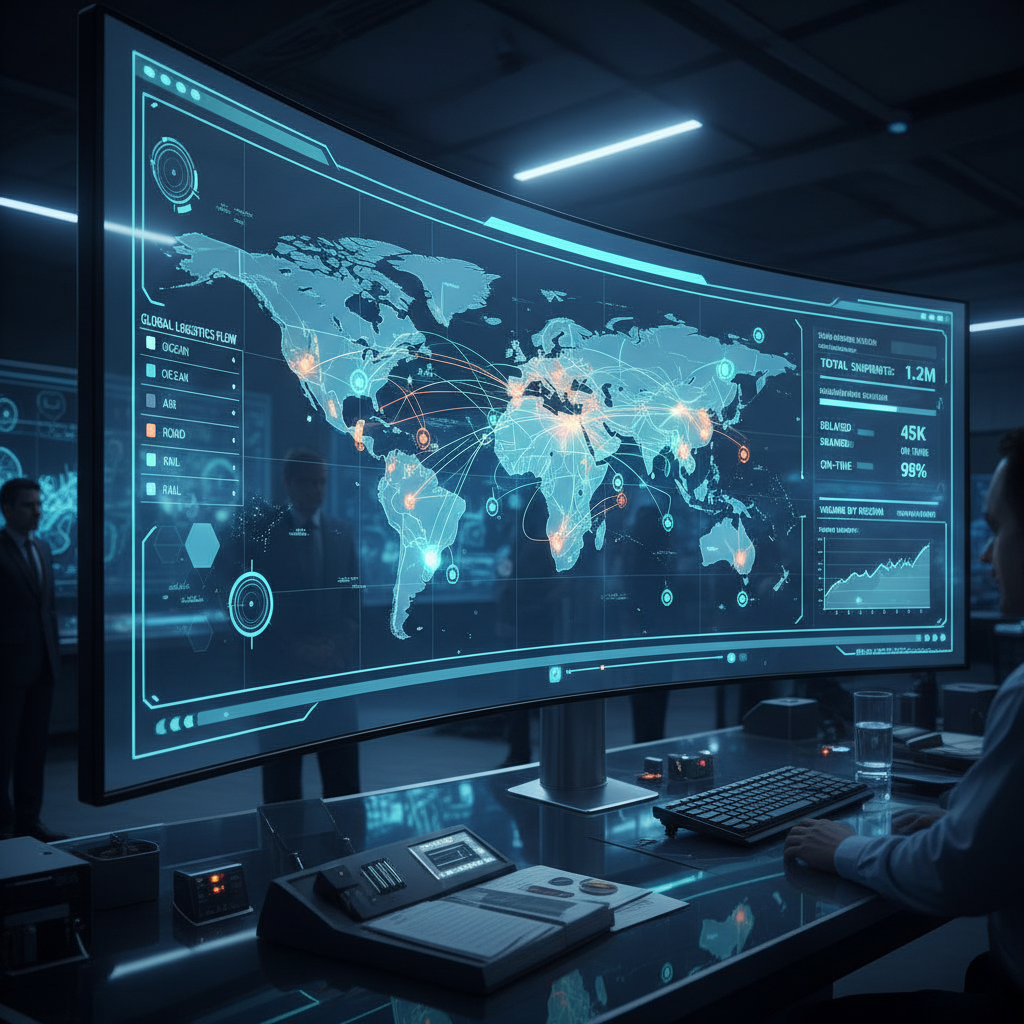 Data visualization on large monitor showing global supply chain network routes