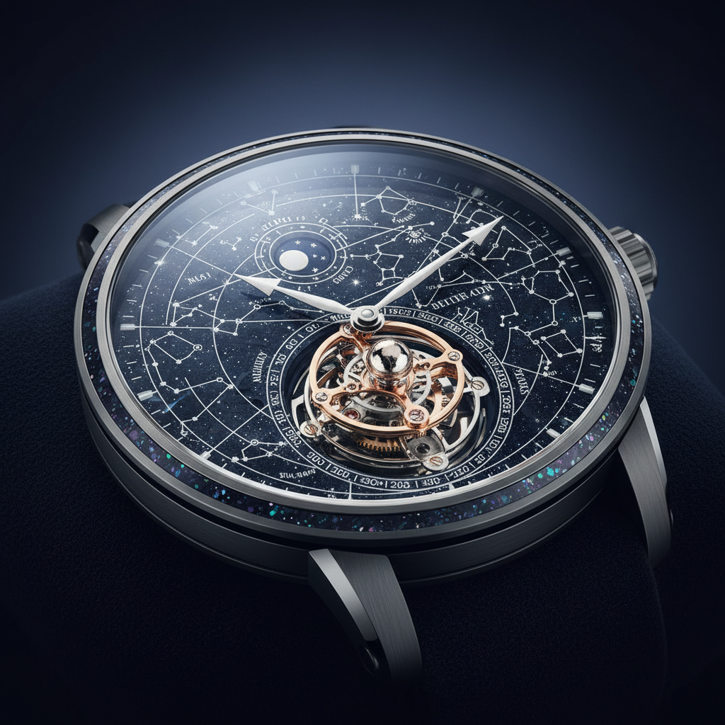 Celestial tourbillon watch sapphire dial star map engraving