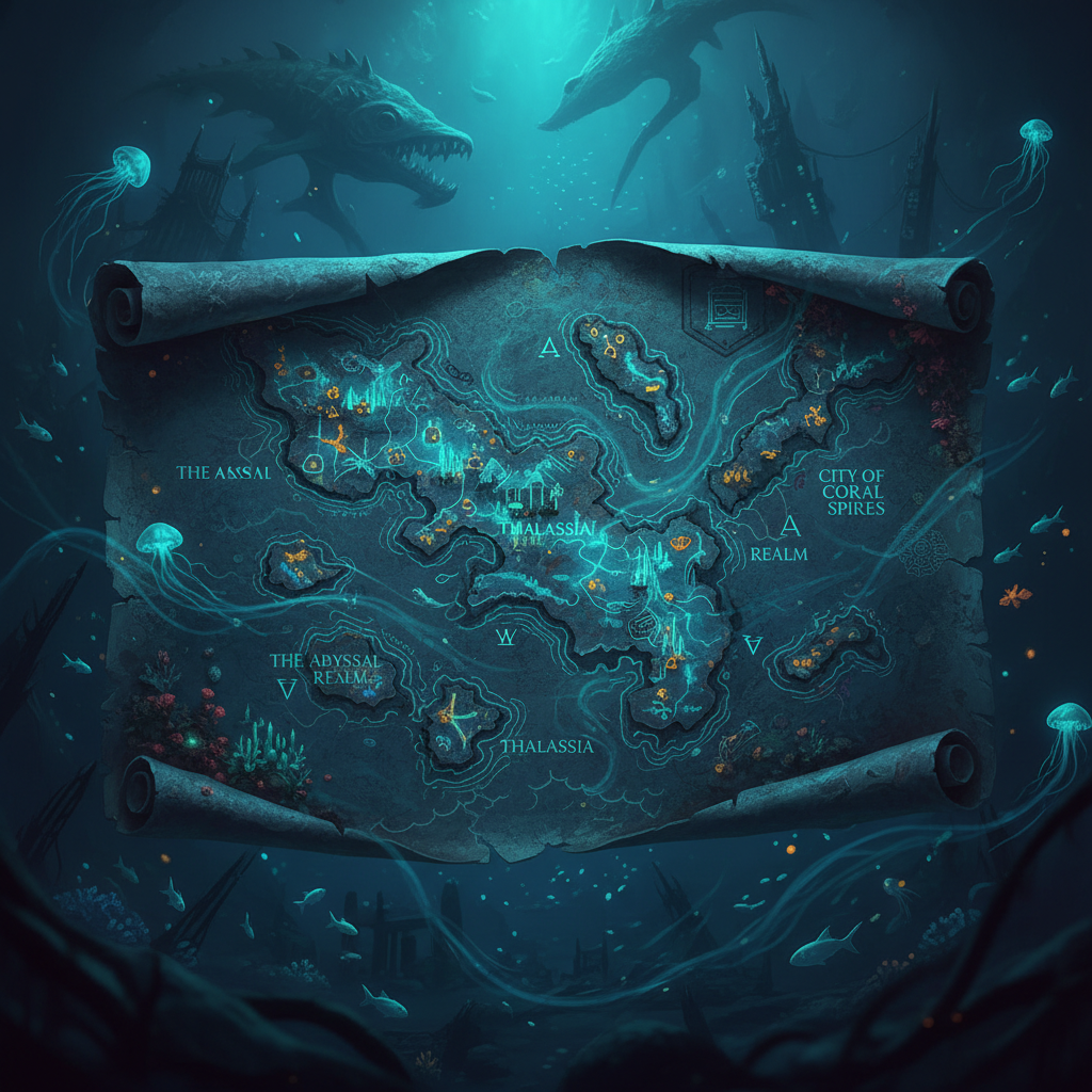 Ancient ocean map texture suggesting the underwater cartography of Thalassia — aged parchment, bioluminescent markings, deep sea atmosphere