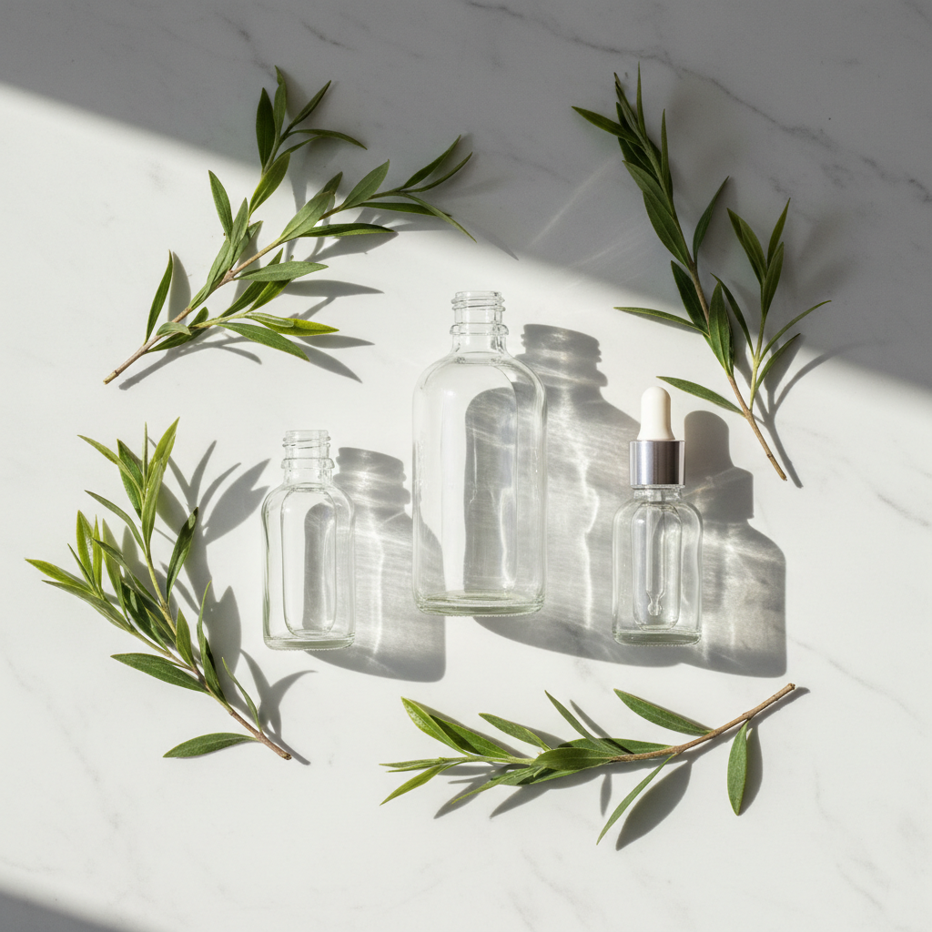 Flat lay of clean beauty products on white marble with Mediterranean botanical elements, airy and minimal aesthetic