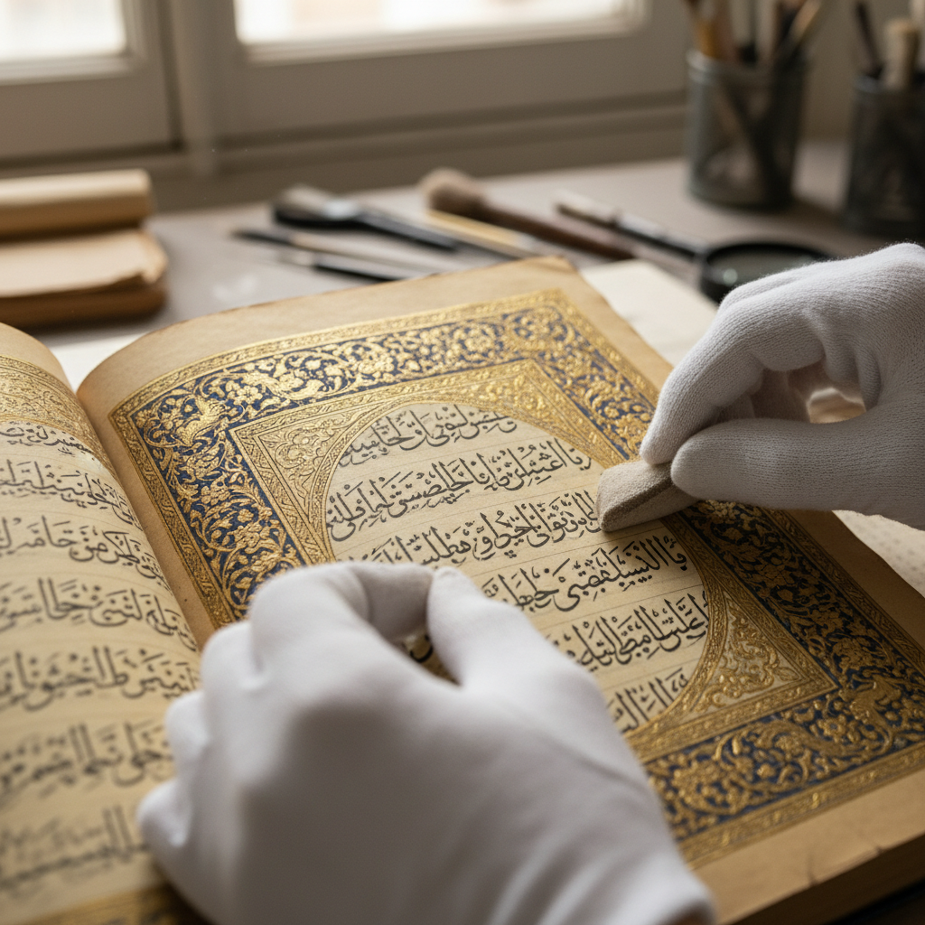Rare illuminated manuscript open to ornate gold-leaf decorated page, white-gloved hands carefully turning pages