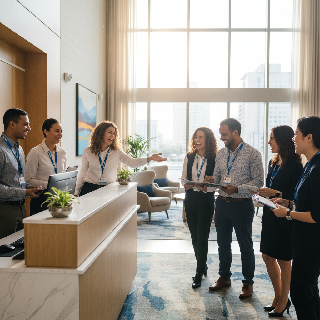 Eight diverse Upskill trainers mid-laugh around a hotel reception desk, lanyards visible, natural window light, one trainer gesturing toward a role-play partner