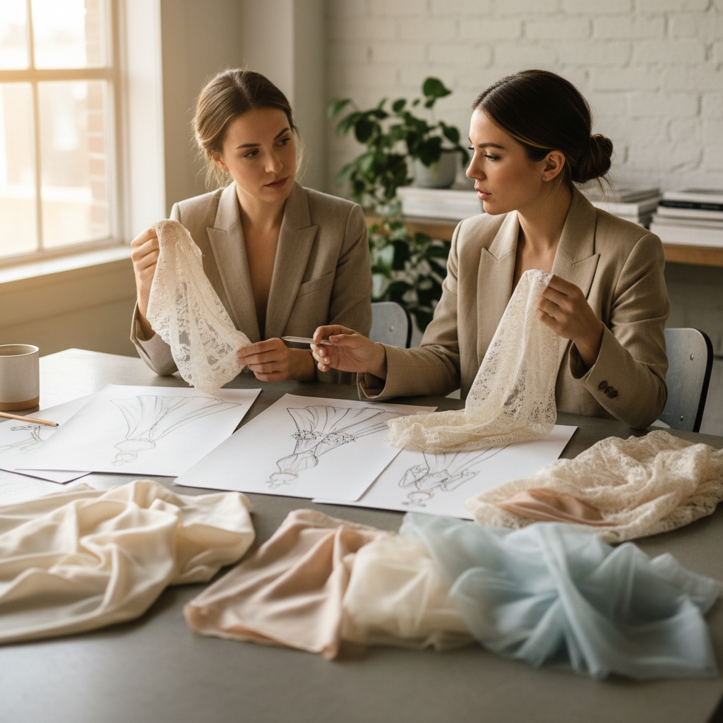Wedding planner and stylist sitting at concrete table reviewing fabric swatches and dress sketches, coffee nearby
