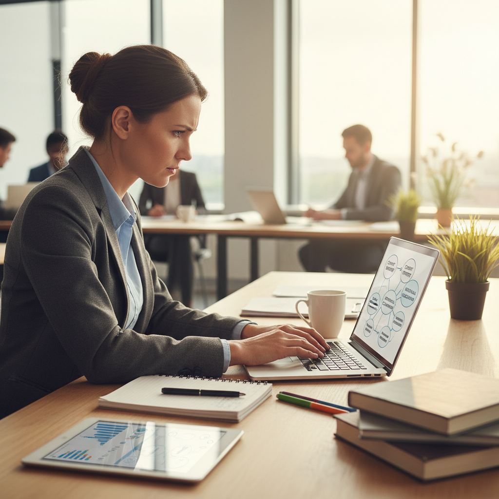 Professional woman at bright desk with laptop, airy modern office, warm daylight