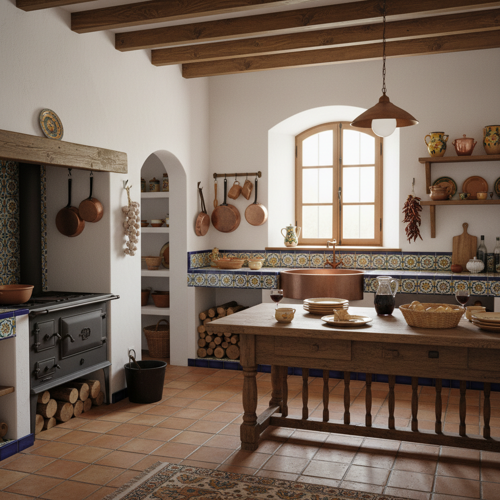Warm Peruvian kitchen with clay pots and wooden utensils on a rustic counter