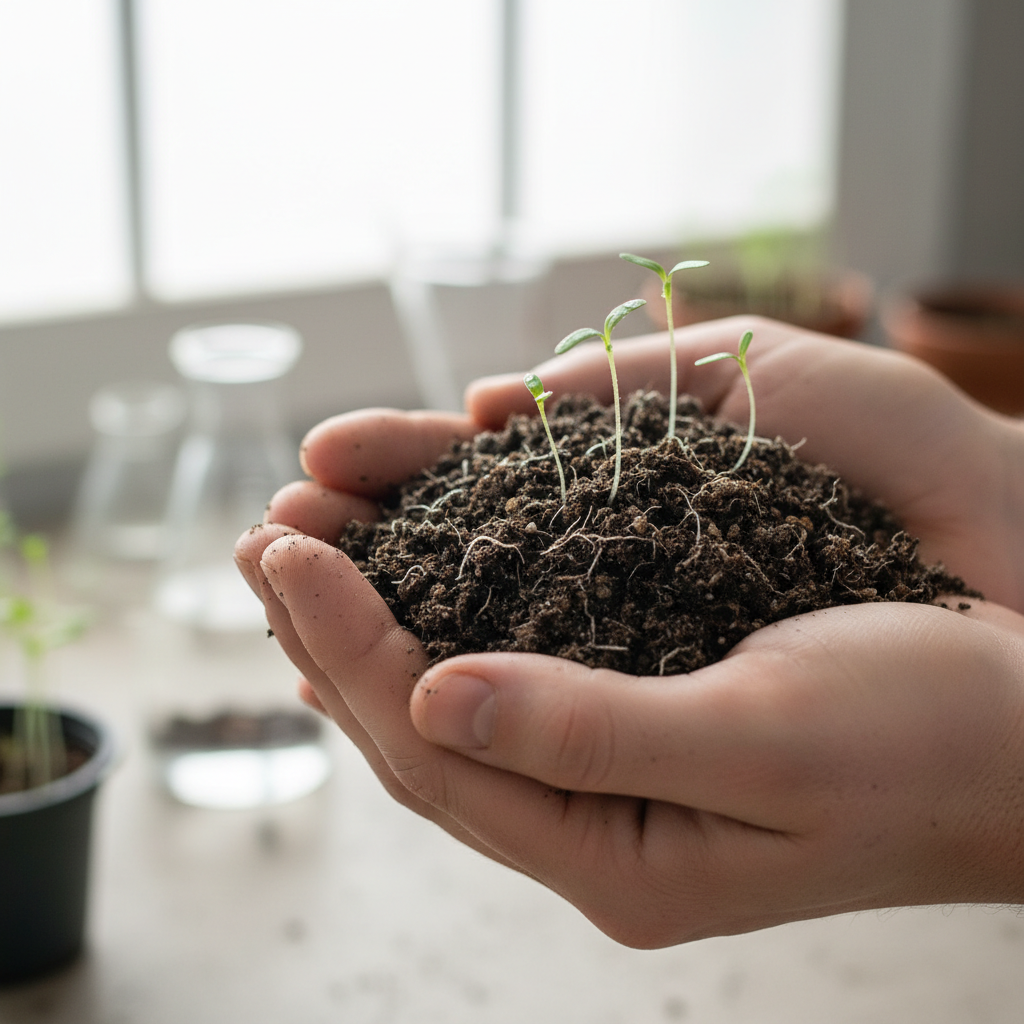 Close-up of a person's hands holding rich dark soil with a small seedling, showing healthy earth