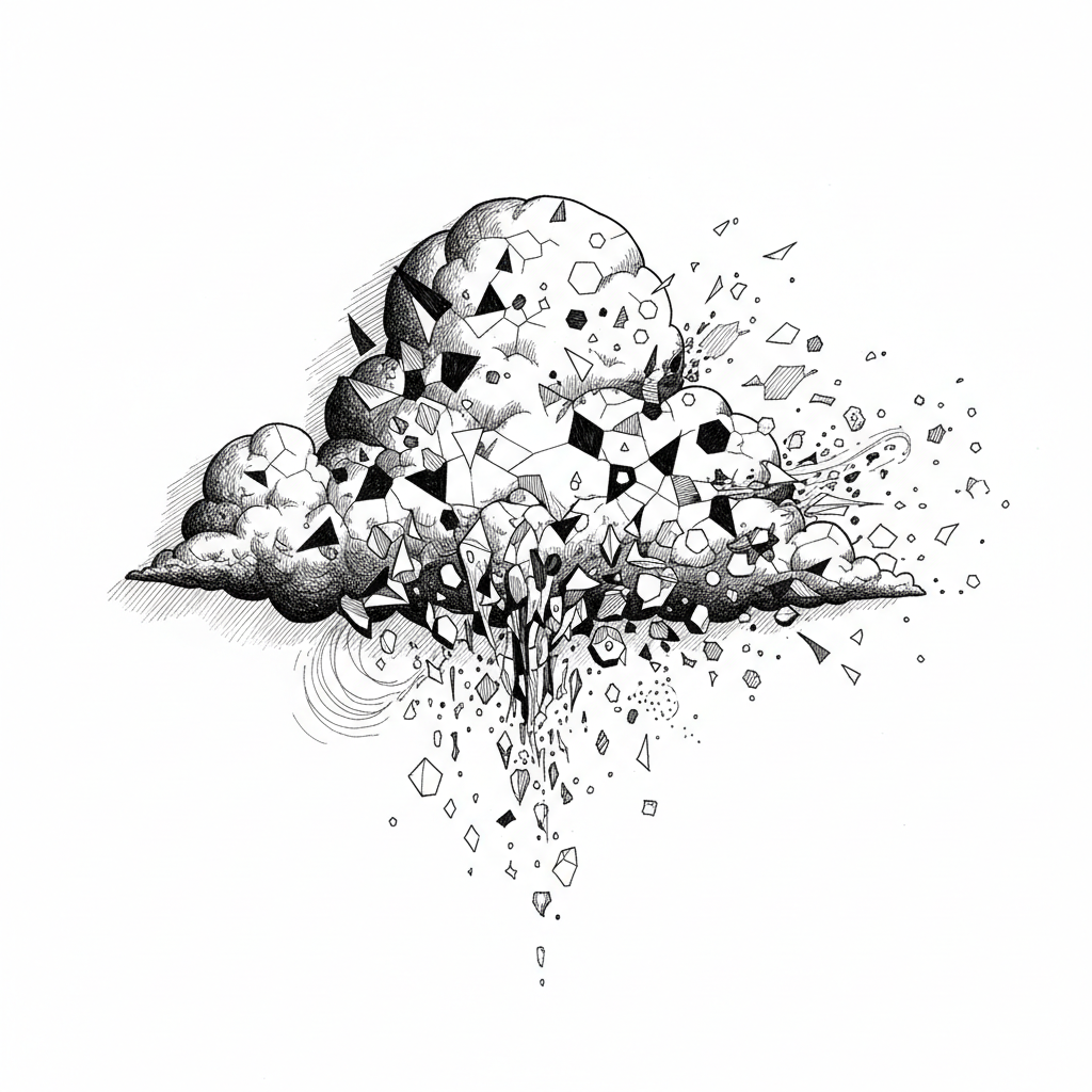 Detailed ink illustration of a fragmented cloud structure dissolving into geometric fragments — high-contrast black and white