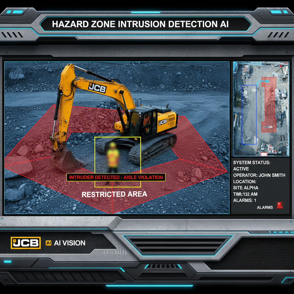 Hazard zone intrusion detection AI — real JCB deployment screenshot monitoring restricted areas around machinery