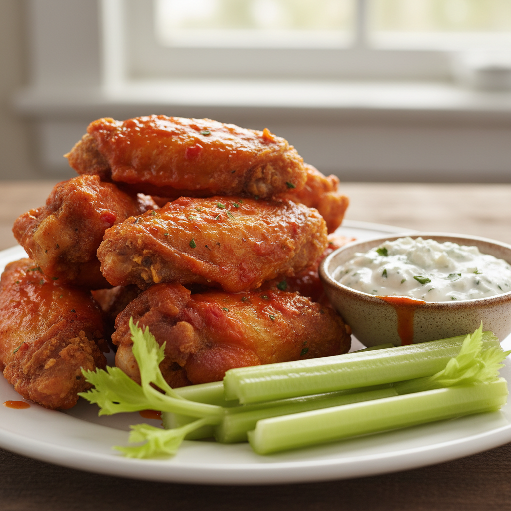 Fiery buffalo chicken wings with glossy hot sauce coating on a dark slate plate