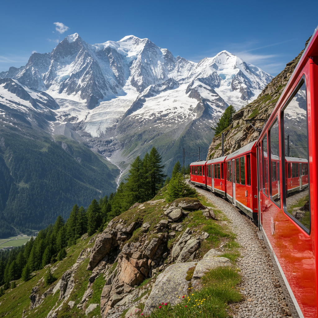 Mountain train with Mont Blanc massif visible above treeline on sunny day