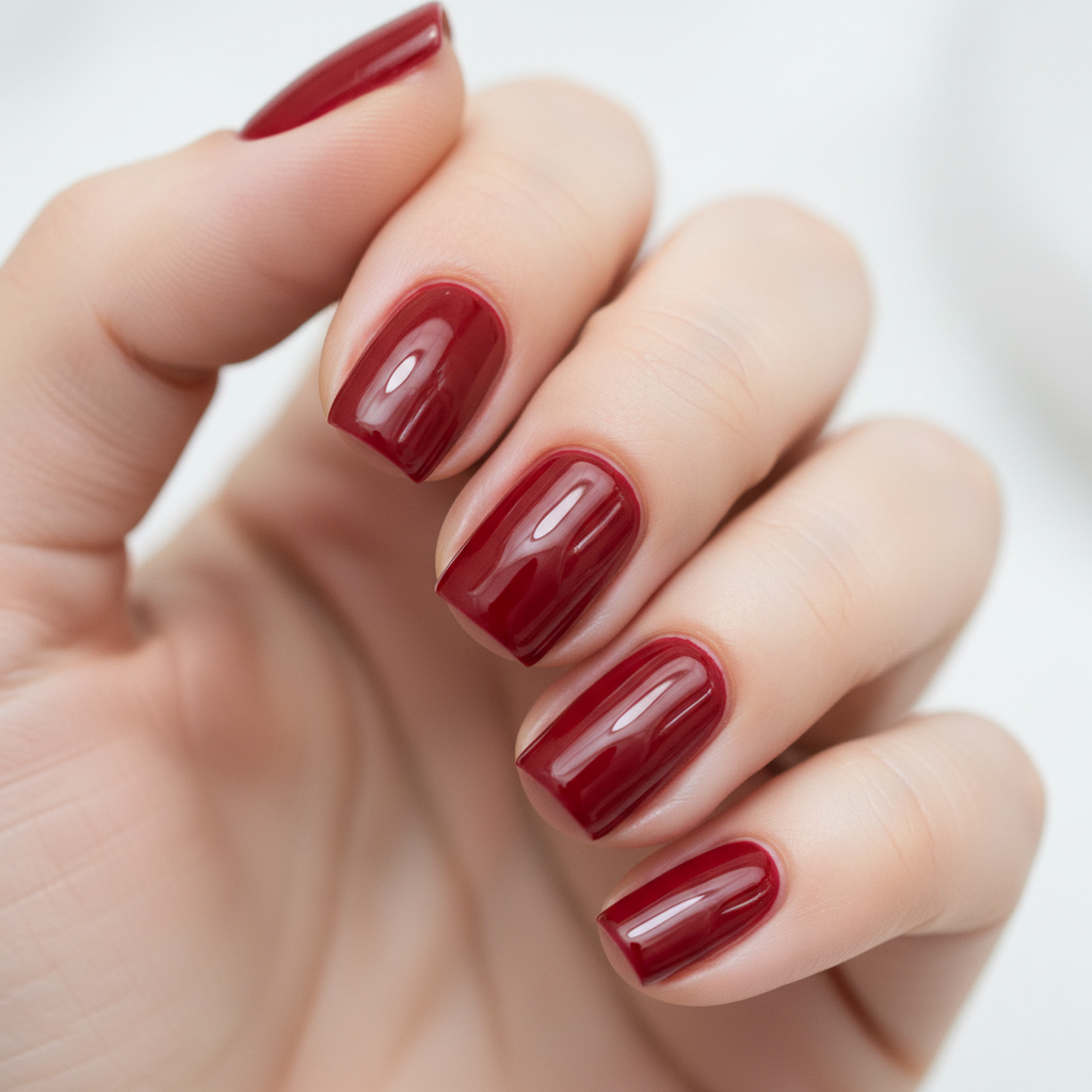 Hochglänzende Shellac-Nägel in tiefem Rot bei heller Studiobeleuchtung, gepflegte Hände