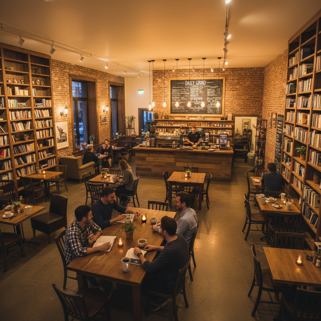 History: Cozy coffee shop interior with warm lighting and b