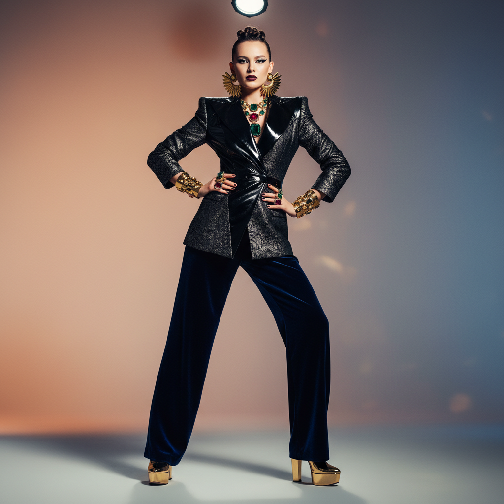 Luxury fashion editorial with model carrying designer accessories in urban setting