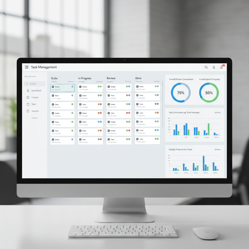 Task management application interface showing kanban board with colorful cards and progress indicators