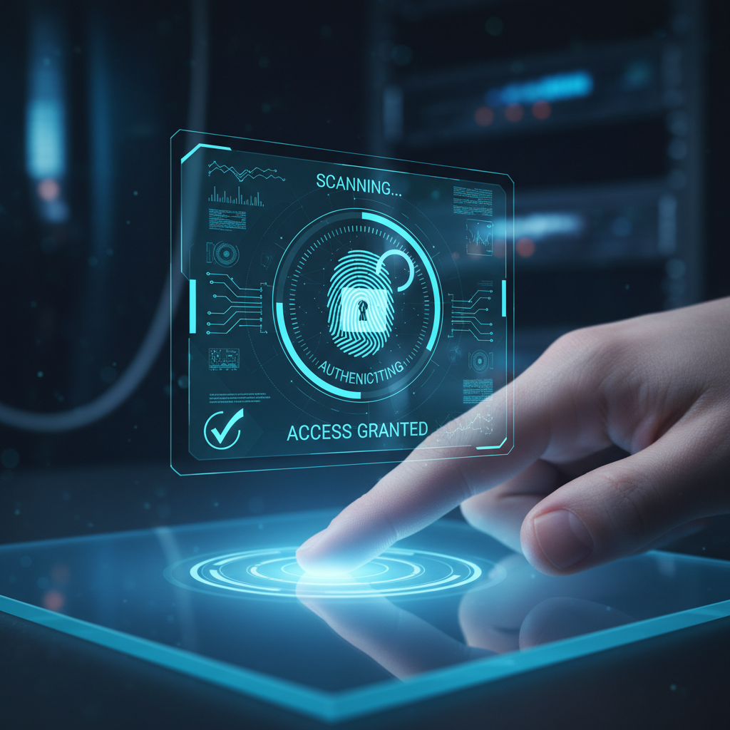 Digital fingerprint scan with biometric authentication overlay on blue background