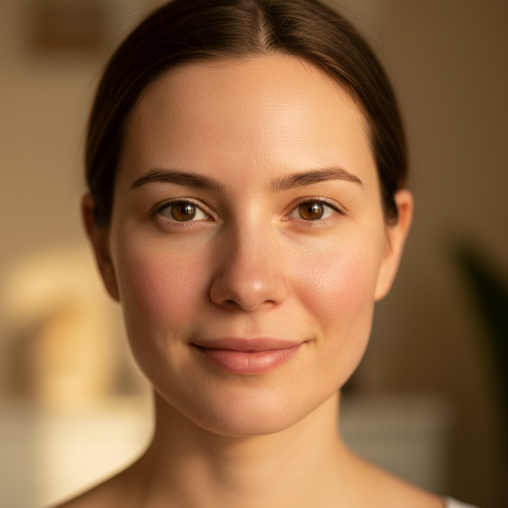 Woman smiling softly, ring light portrait, skin flush visible day one after treatment