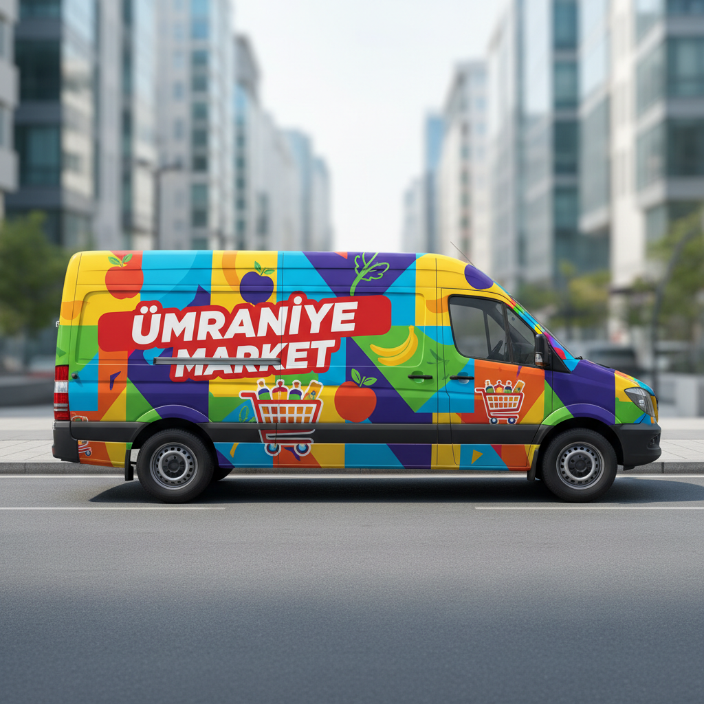 Branded advertising van in a busy market area, colorful vinyl graphics, daytime