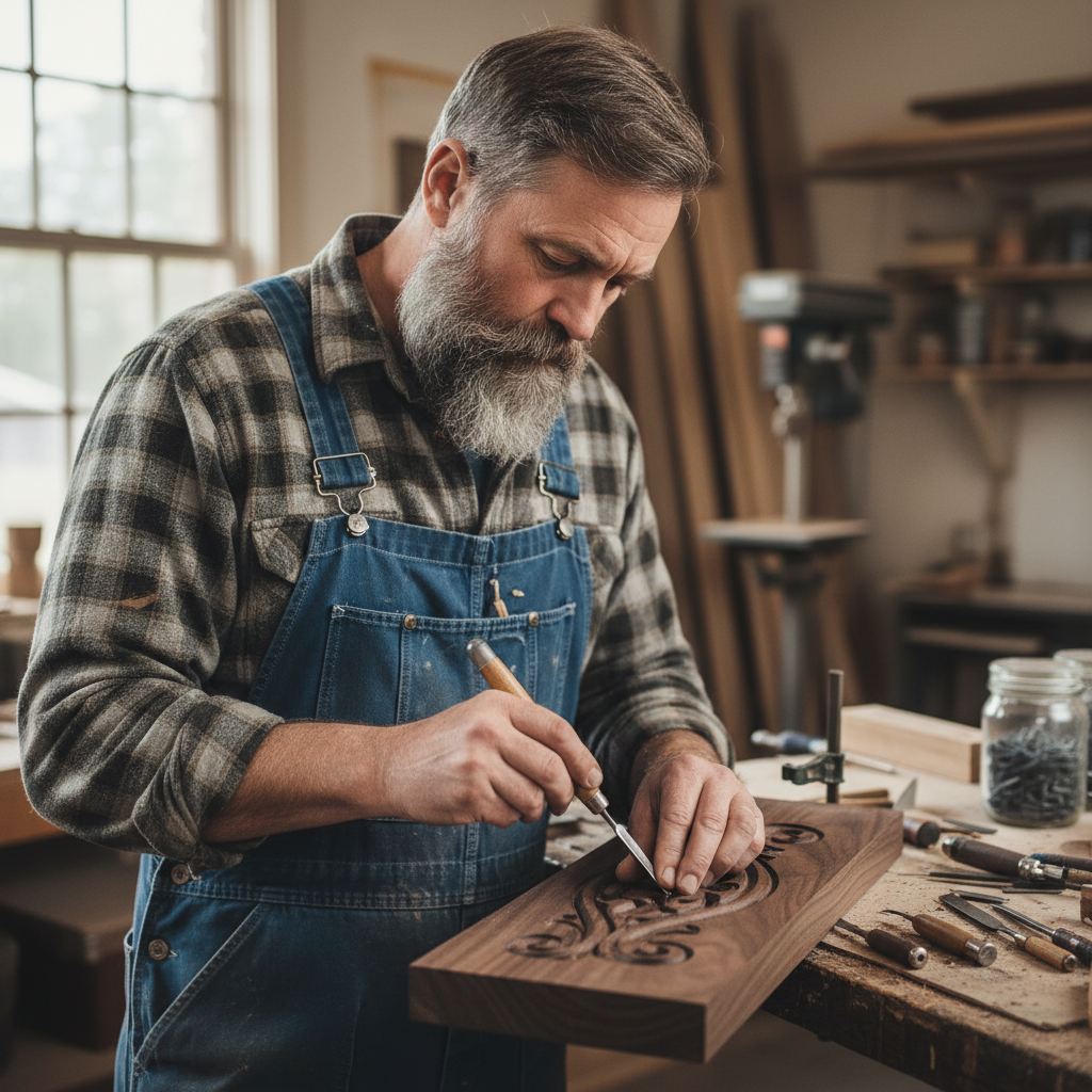 Founder of RS WoodsWork in workshop examining custom furniture piece with precision tools