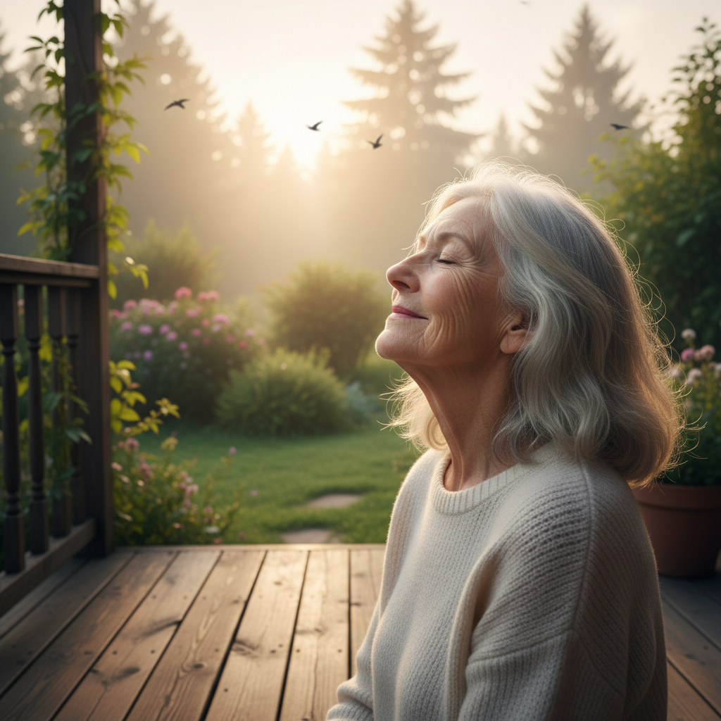 Silver-haired woman with eyes closed, head tilted toward a vinyl record player in a warm mid-century modern living room, a nearly invisible hearing aid catching the golden hour light behind her ear