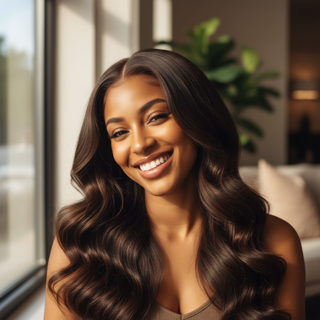 Natural client with seamless hair extensions, soft brown tones blending beautifully with natural hair