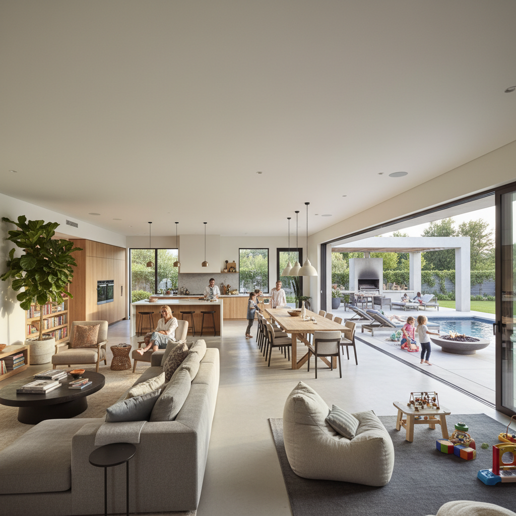 Large open-plan kitchen and family room with outdoor access