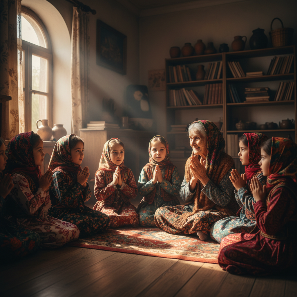 Children learning mother tongue prayers from elder
