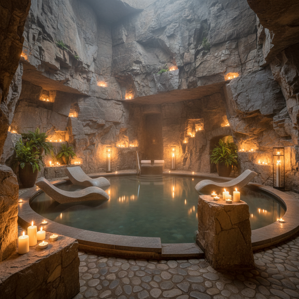 Serene luxury spa with dim atmospheric lighting, deep shadows, minimal decor, dark stone walls