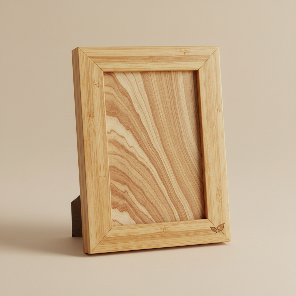 Natural bamboo photo frame with light wood tone, eco-friendly product photography, bright natural lighting