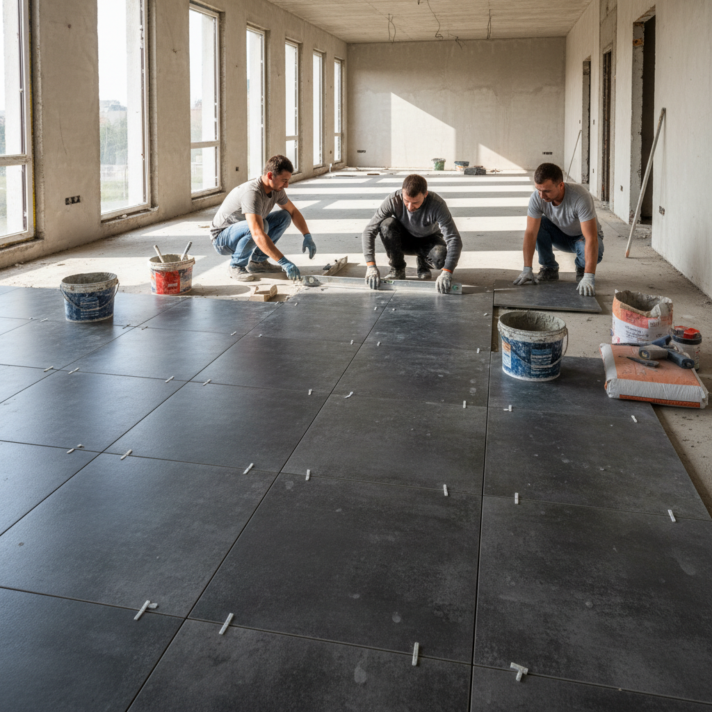 Professionele tegellegger aan het werk met precieze tegelplaatsing door UNM Tegelzetbedrijf Deventer