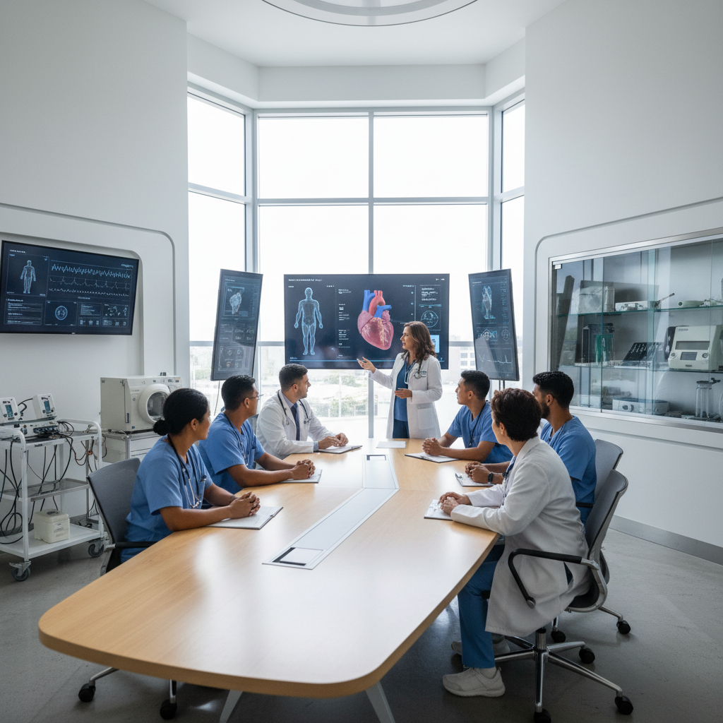 Young diverse healthcare professionals — Black, Hispanic, and Asian — in a modern mentorship setting, engaged and aspirational
