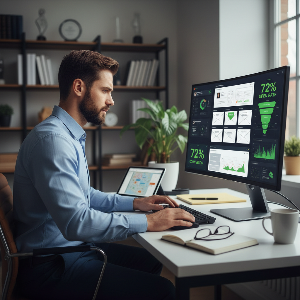 Email marketing campaign analytics showing open rates and conversion metrics for manufacturing industry