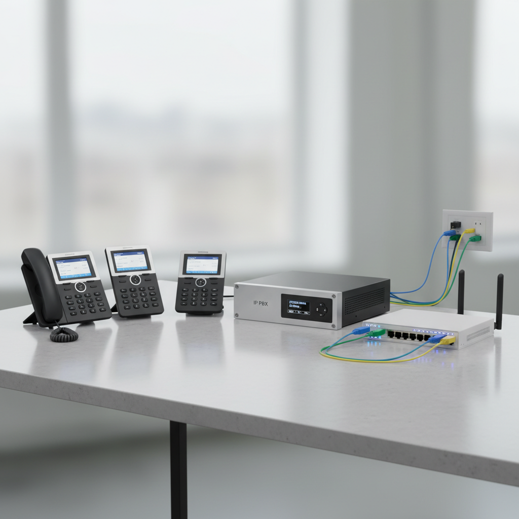Modern VOIP phone system and communication technology equipment on a desk