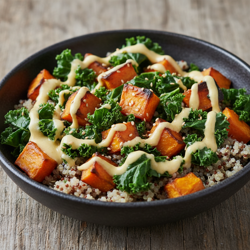 Fresh grain bowl with quinoa, roasted vegetables, avocado, and tahini dressing