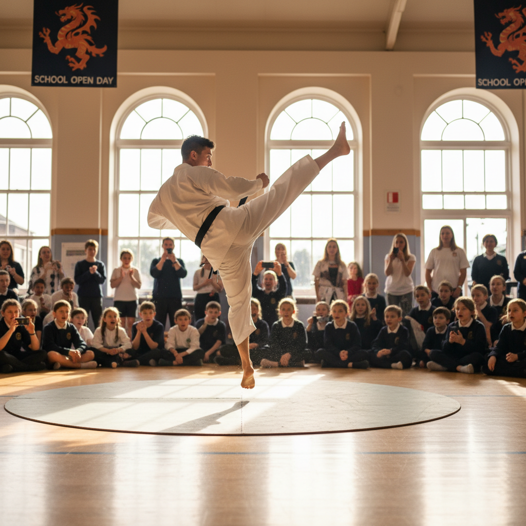 Martial arts demonstration at school open day event, audience watching